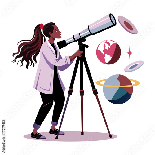 A flat illustration of an astronomer looking planets with a telescope 
