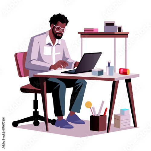 A flat illustration of a software engineer working on a computer 
