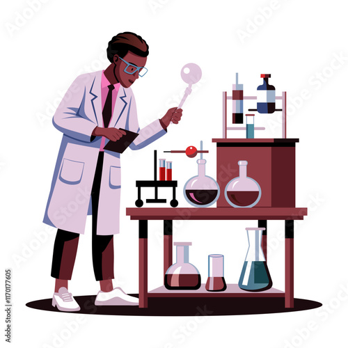 A flat illustration of a lab assistant working in a laboratory 

