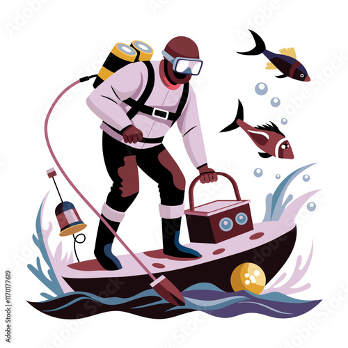 A flat illustration of an oceanographer ready to dive into an ocean 

