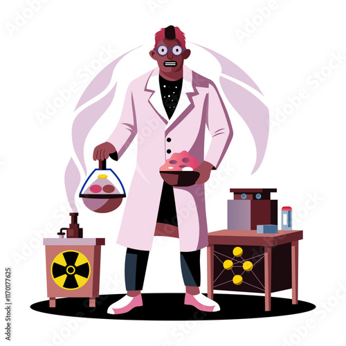 A flat illustration of nuclear physicist holding chemical substances 
