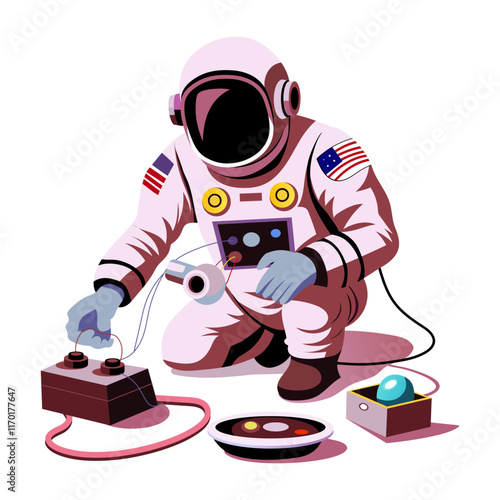 A flat illustration of an astronaut fixing his spacesuit 

