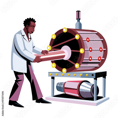 A flat illustration of a particle physicist doing experiment in a rotating machine

