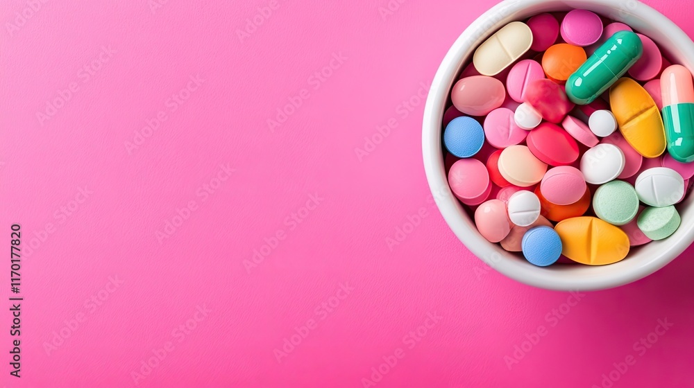 Obraz premium Colorful tablets on pink background, healthcare concept
