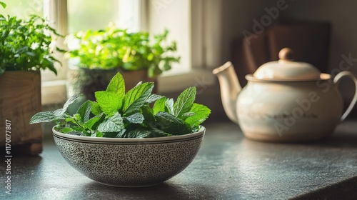 Wallpaper Mural Fresh Mint Leaves in Bowl with Kitchen Herbs and Teapot Background Torontodigital.ca