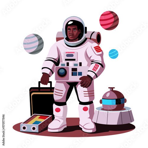 A flat illustration off a space explorer wearing a spacesuit 
