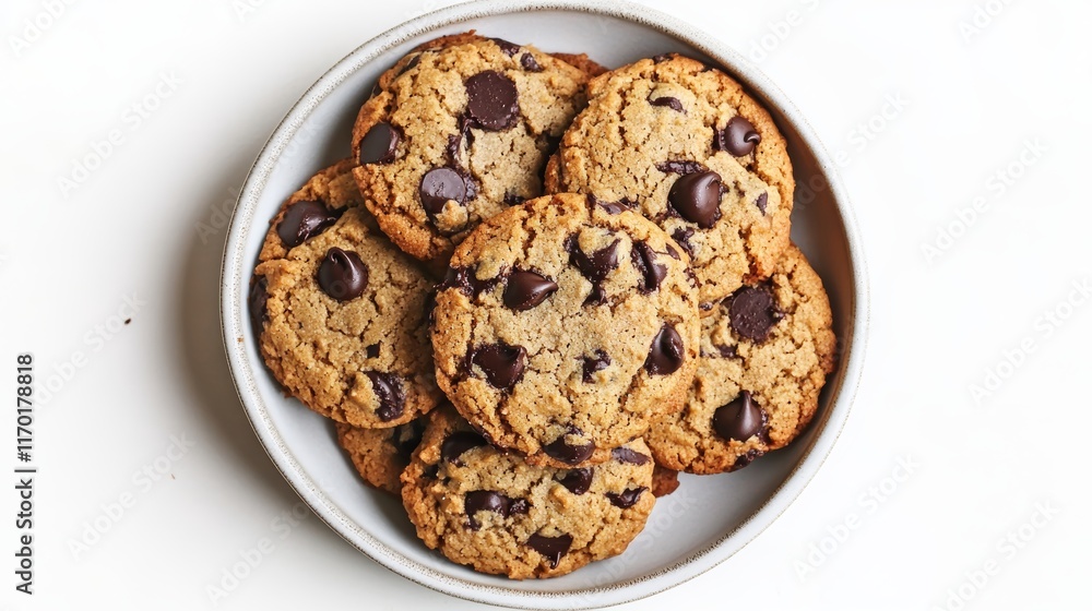 Top view of a plate of chocolate-chip cookies isolated on white background Top view of a plate of chocolate-chip cookies isolated on white background