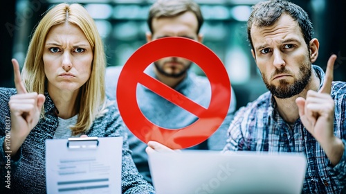 Serious Business Meeting with Disagreement and No Entry Sign