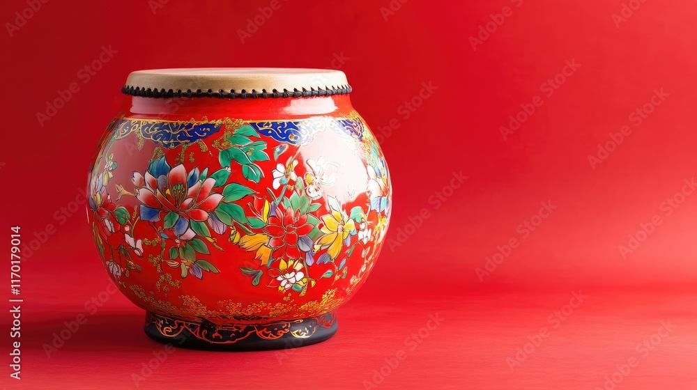 A clean composition of a Chinese New Year drum with festive patterns, placed on a plain red surface. A clean composition of a Chinese New Year drum with festive patterns, placed on a plain red surface.