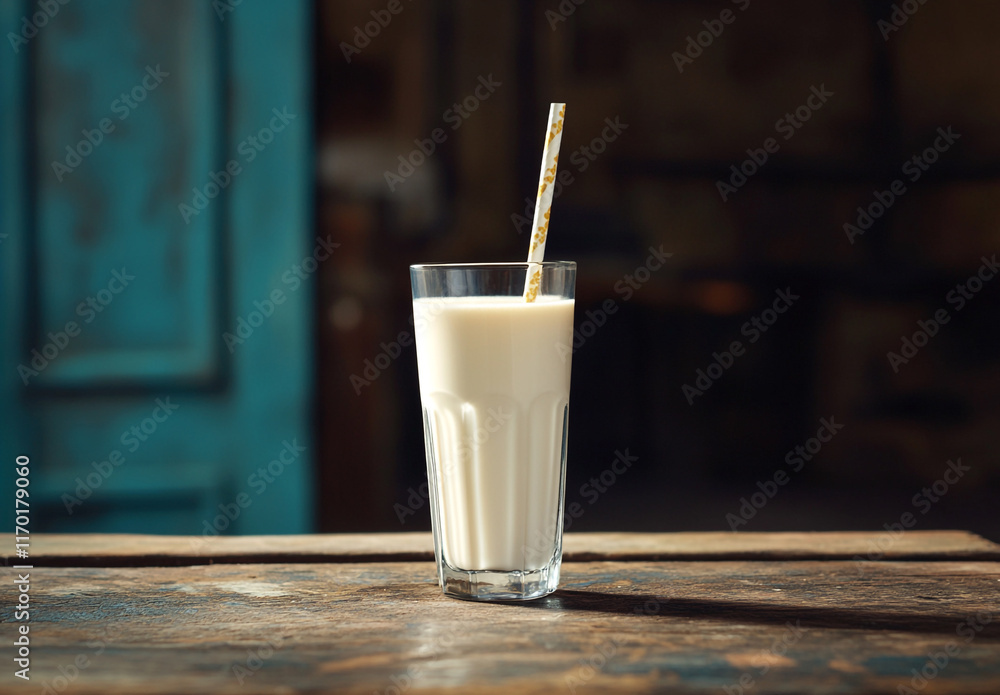 White Rice Milk Served in a Glass with Straw on Rustic Wood White Rice Milk Served in a Glass with Straw on Rustic Wood
