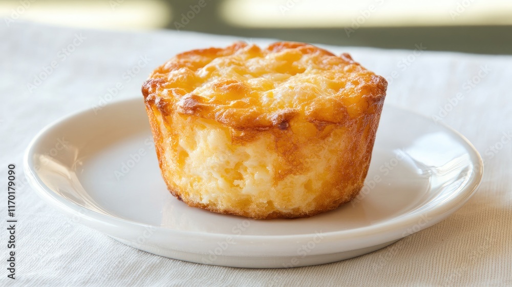 A clean composition of a keto egg and cheese muffin on a white plate with ample negative space. A clean composition of a keto egg and cheese muffin on a white plate with ample negative space.