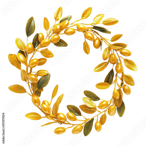 Floating golden olive crowns, isolated on a white background. cutout png photo