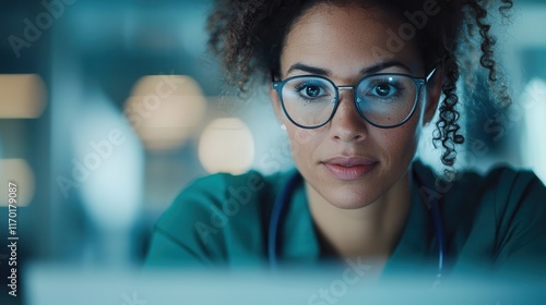 Environmental science drives research for preservation. Focused woman in glasses working on a laptop in a modern setting.