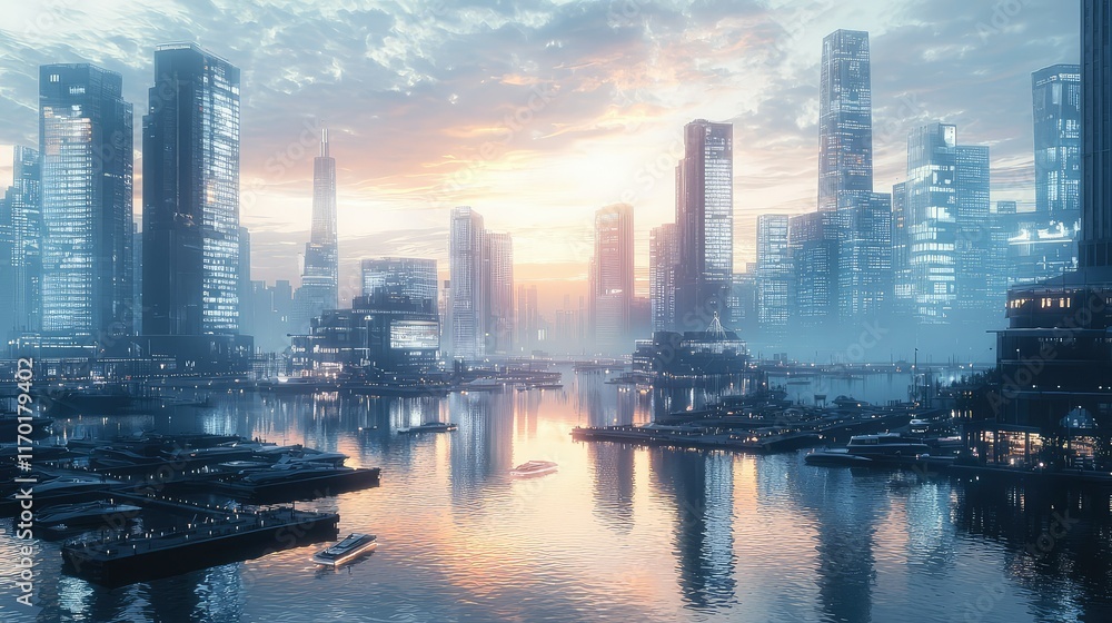 Obraz premium Modern Cityscape at Dusk with Reflections on Calm Water Surface