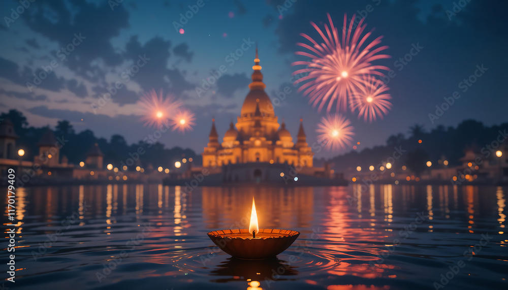 Fototapeta premium Karthigai Deepam, Festive Diwali Lights Temple Fireworks Water Reflection, Ai generated images