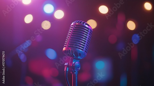 Vintage Microphone On Stage With Colorful Lights