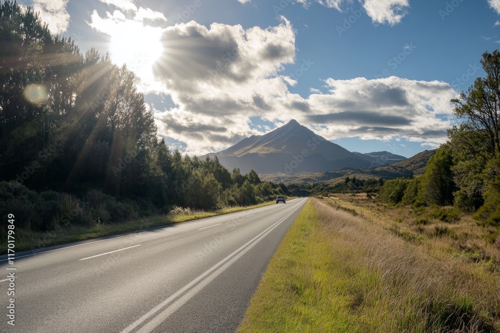 Naklejka premium Sunlit highway road trip with mountain landscape.