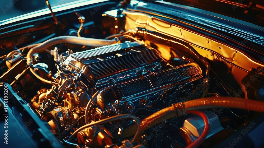 Fototapeta premium Detailed Close-Up of a Classic Car Engine Highlighting Its Design