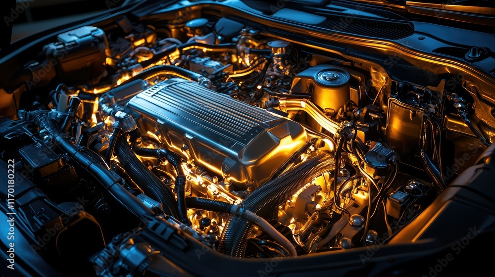 Fototapeta premium Detailed Close-Up of High-Performance Engine with Dramatic Lighting