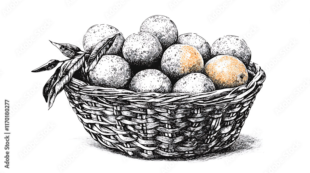 Basket of Fresh Oranges Wicker Basket Citrus Fruits Hand Drawn Illustration Black and White Sketch Basket of Fresh Oranges Wicker Basket Citrus Fruits Hand Drawn Illustration Black and White Sketch
