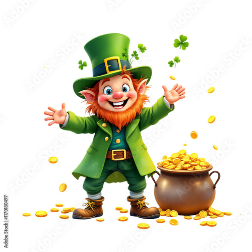 Cheerful Leprechaun Holding Pot of Gold for St. Patrick's Day