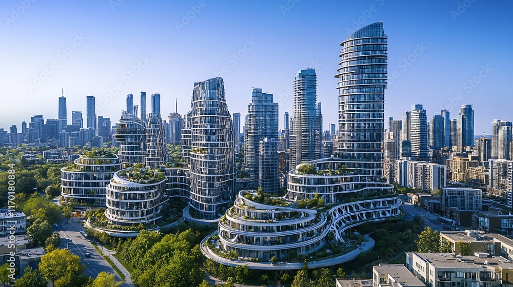 Obraz premium Modern Urban Landscape with Innovative Architecture and Green Spaces