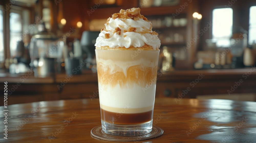 Delicious Layered Coffee Beverage with Whipped Cream and Caramel Topping Served in a Clear Glass on a Wooden Table in a Cozy Cafe Environment Delicious Layered Coffee Beverage with Whipped Cream and Caramel Topping Served in a Clear Glass on a Wooden Table in a Cozy Cafe Environment