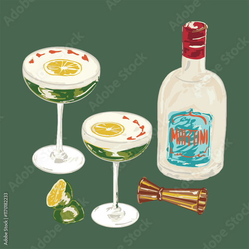 Vintage Illustration of martini sour cocktail