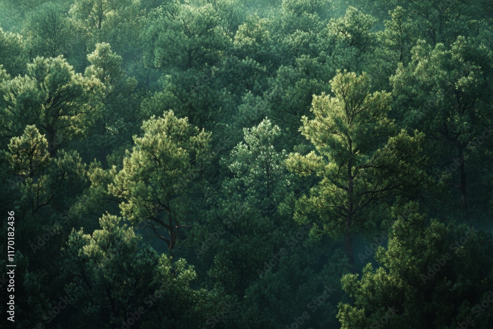 Obraz premium Misty green forest canopy aerial view.