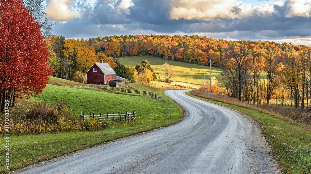 Fototapeta premium Scenic Autumn Roadway with Red Barn and Colorful Foliage in Background
