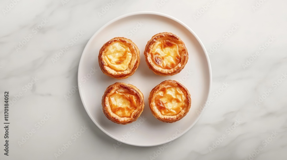 A minimalist shot of a plate of egg tarts, symbolizing good luck, placed on a light surface with ample negative space. A minimalist shot of a plate of egg tarts, symbolizing good luck, placed on a light surface with ample negative space.