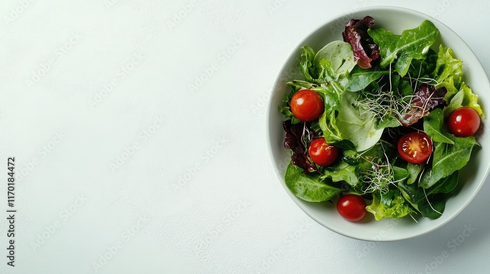 A neatly arranged bowl of mixed greens, cherry tomatoes, and sprouts on a light gray surface with generous empty space. A neatly arranged bowl of mixed greens, cherry tomatoes, and sprouts on a light gray surface with generous empty space.