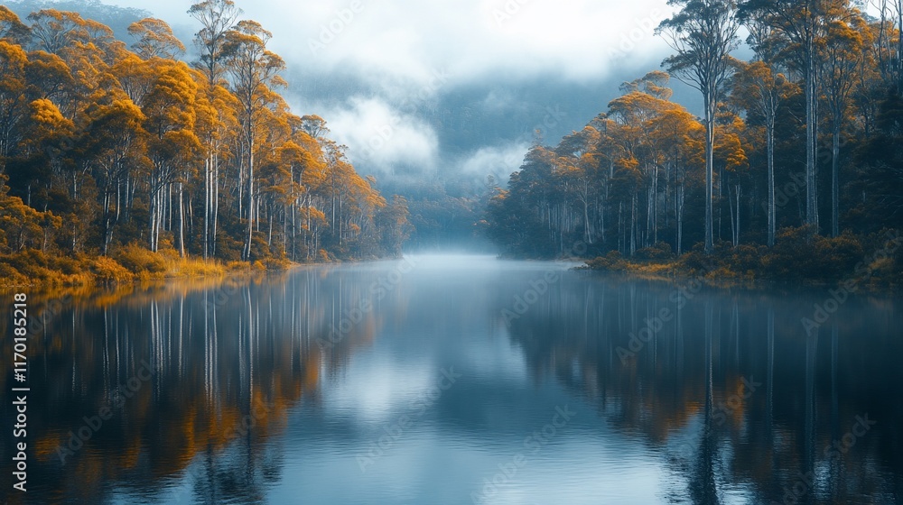 Naklejka premium Serene Autumn Lake Reflected in Still Waters