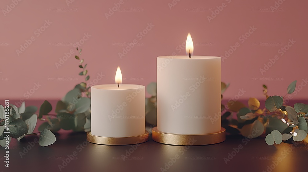two white candles with golden holders are arranged at the bottom of a solid pastel black background. Sprigs of eucalyptus surround the candles, adding a natural element. two white candles with golden holders are arranged at the bottom of a solid pastel black background. Sprigs of eucalyptus surround the candles, adding a natural element.