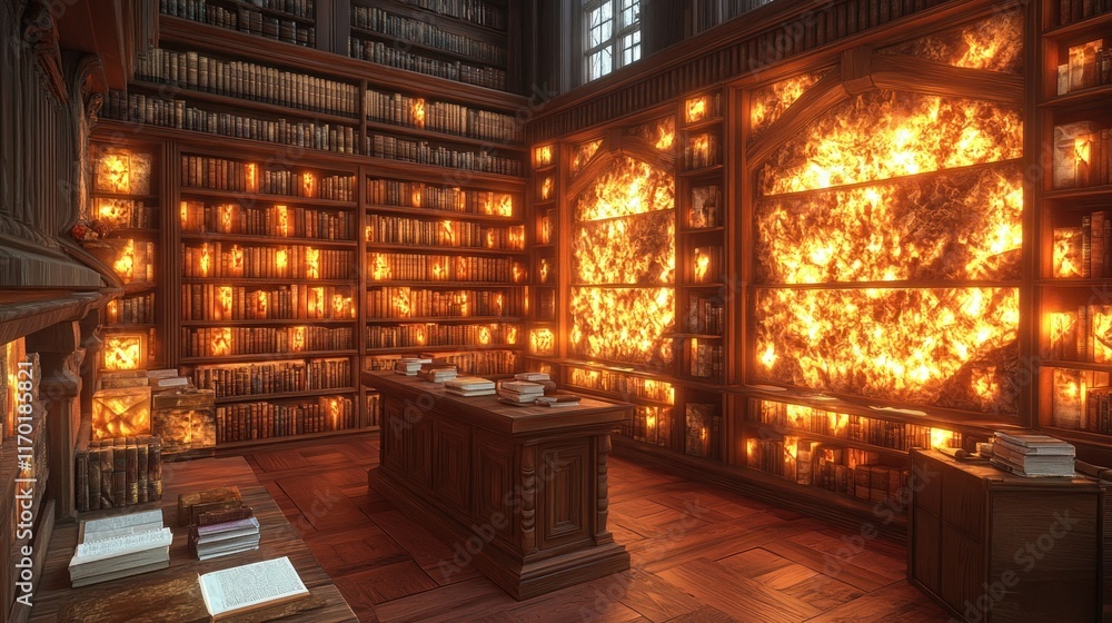 Burning books in a grand old library, warm light glows. Burning books in a grand old library, warm light glows.