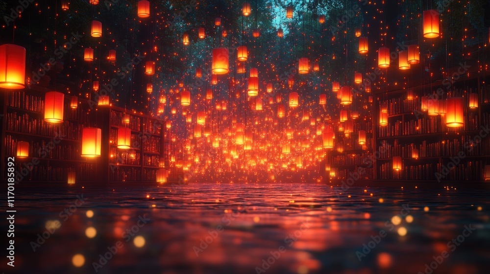 Obraz premium Enchanting night scene with numerous floating lanterns illuminating a path between bookcases reflected in water.