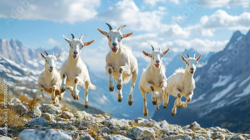 Playful Goats Leaping Across Rocky Terrain Under Bright Sky photo