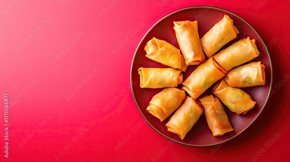 A vibrant shot of a plate of golden fried spring rolls, set against a plain red background with ample space. A vibrant shot of a plate of golden fried spring rolls, set against a plain red background with ample space.