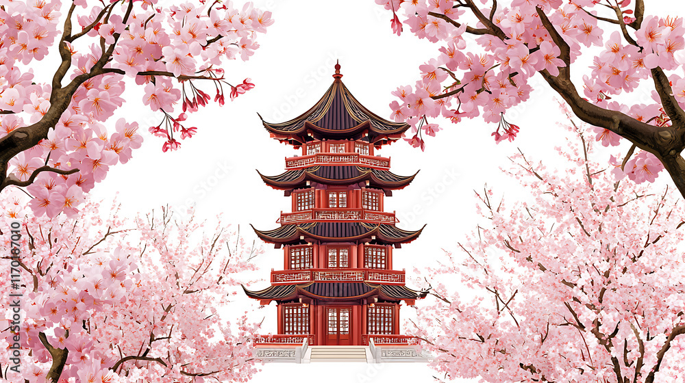 Stunning Red Chinese Pagoda Amidst Blooming Pink Cherry Blossoms Stunning Red Chinese Pagoda Amidst Blooming Pink Cherry Blossoms