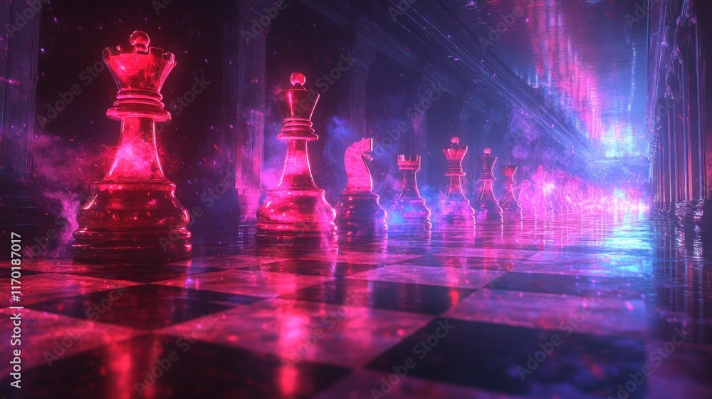 Fototapeta premium Glowing chess pieces on a board in a mystical hall.