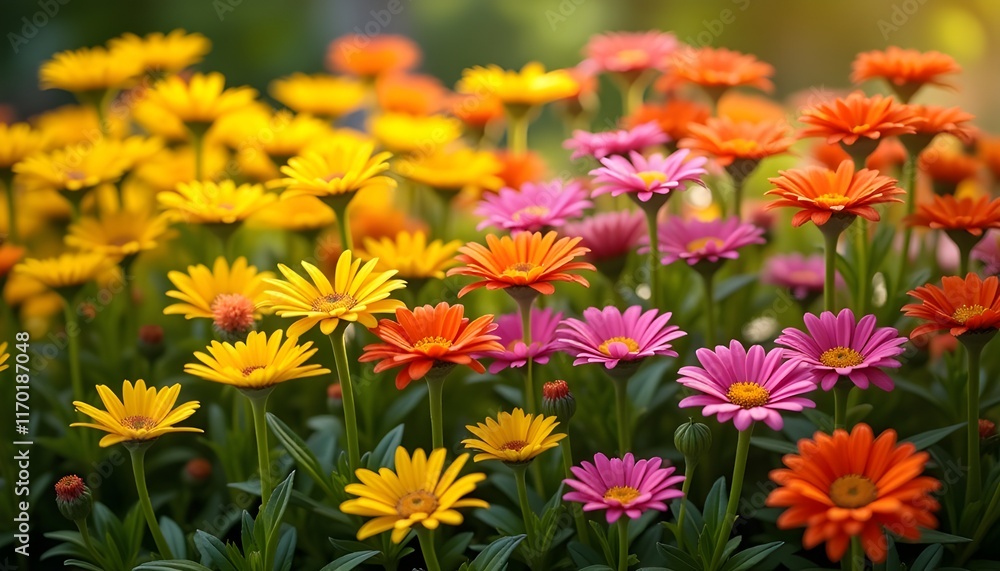 A Close-up View Of Vibrant Yellow Daisies Blooming, A Lush Garden Bed Filled With Vibrant Daisy Flower A Close-up View Of Vibrant Yellow Daisies Blooming, A Lush Garden Bed Filled With Vibrant Daisy Flower
