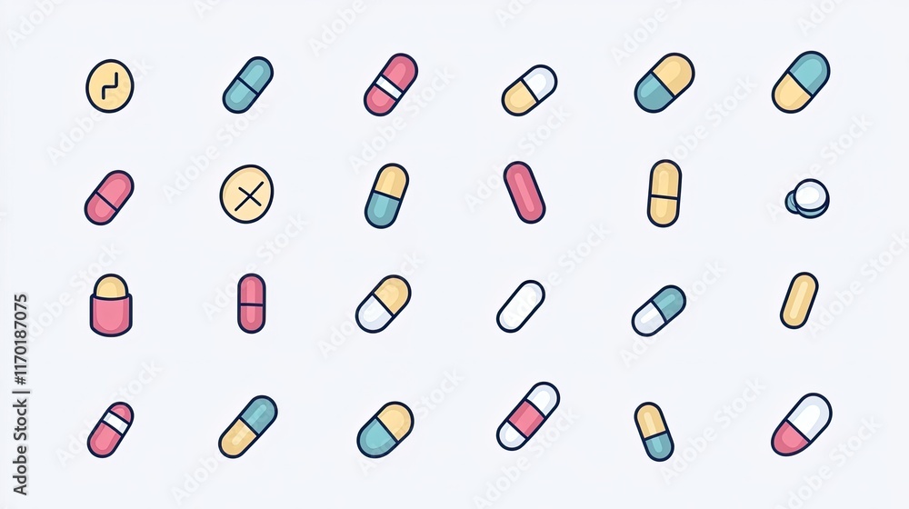 Medicine capsule icon set, outline and filled pictograms Medicine capsule icon set, outline and filled pictograms