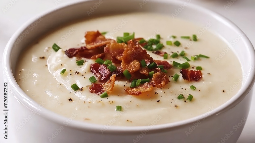 A bowl of creamy cauliflower soup topped with crispy bacon bits and chives, placed on a white surface with negative space. A bowl of creamy cauliflower soup topped with crispy bacon bits and chives, placed on a white surface with negative space.