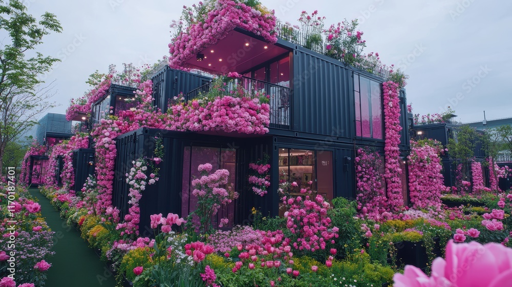 This flower village, composed of multiple black containers, is located black open field. The exterior is painted a vibrant pastel pink, with each container adorned with an array of pink flowers, This flower village, composed of multiple black containers, is located black open field. The exterior is painted a vibrant pastel pink, with each container adorned with an array of pink flowers,