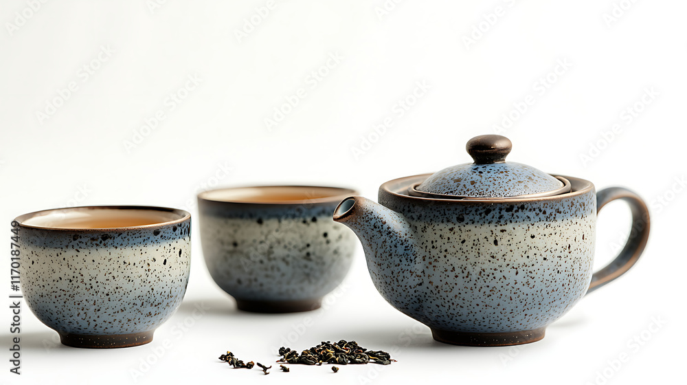 Speckled Blue Teapot and Cups with Loose Leaf Tea on White Background