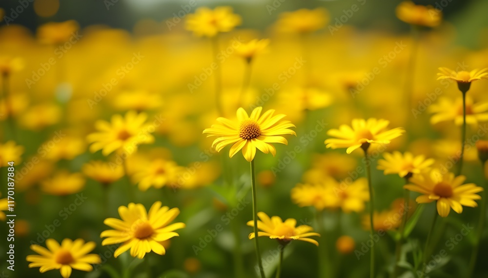 Obraz premium A Close-up View Of Vibrant Yellow Daisies Blooming, A Lush Garden Bed Filled With Vibrant Daisy Flower