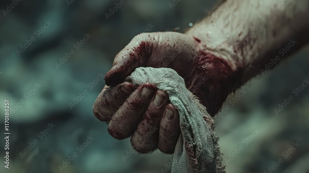 Bloodied Hand Holding a Dirty Cloth in Dark Forest Environment Bloodied Hand Holding a Dirty Cloth in Dark Forest Environment
