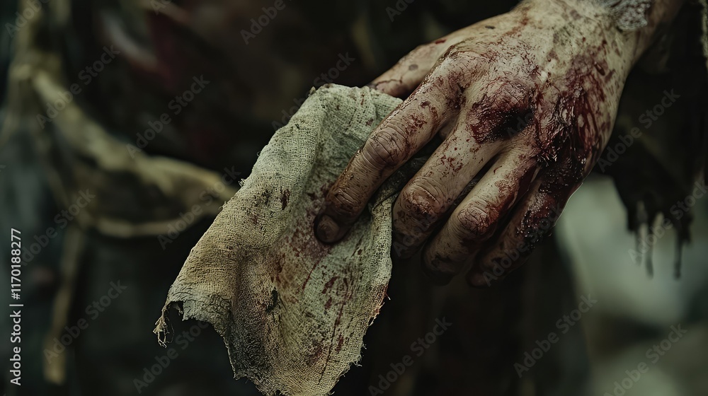 Grimy Hand Holding Tattered Cloth Stained with Blood and Dirt Grimy Hand Holding Tattered Cloth Stained with Blood and Dirt
