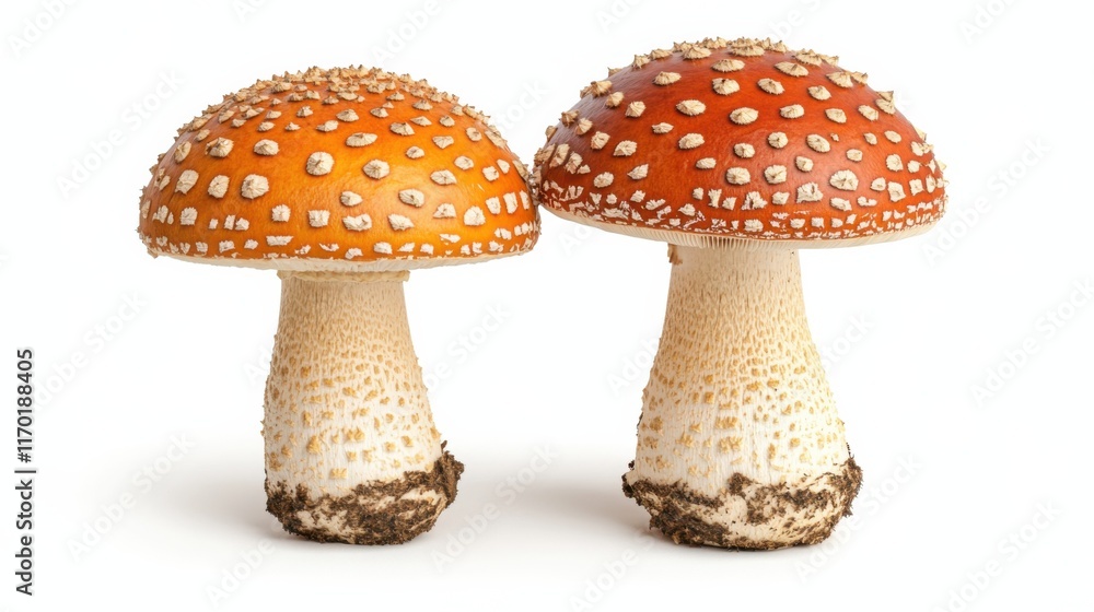 Obraz premium Vibrant Red and Orange Mushrooms with White Spikes on Cap Against a White Background in Studio Setting for Nature and Fungi Enthusiasts