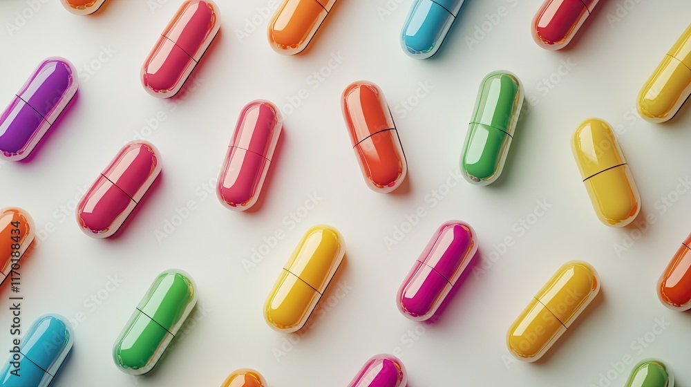 Multivitamin capsules arranged in geometric patterns on white background, 3D illustration Multivitamin capsules arranged in geometric patterns on white background, 3D illustration